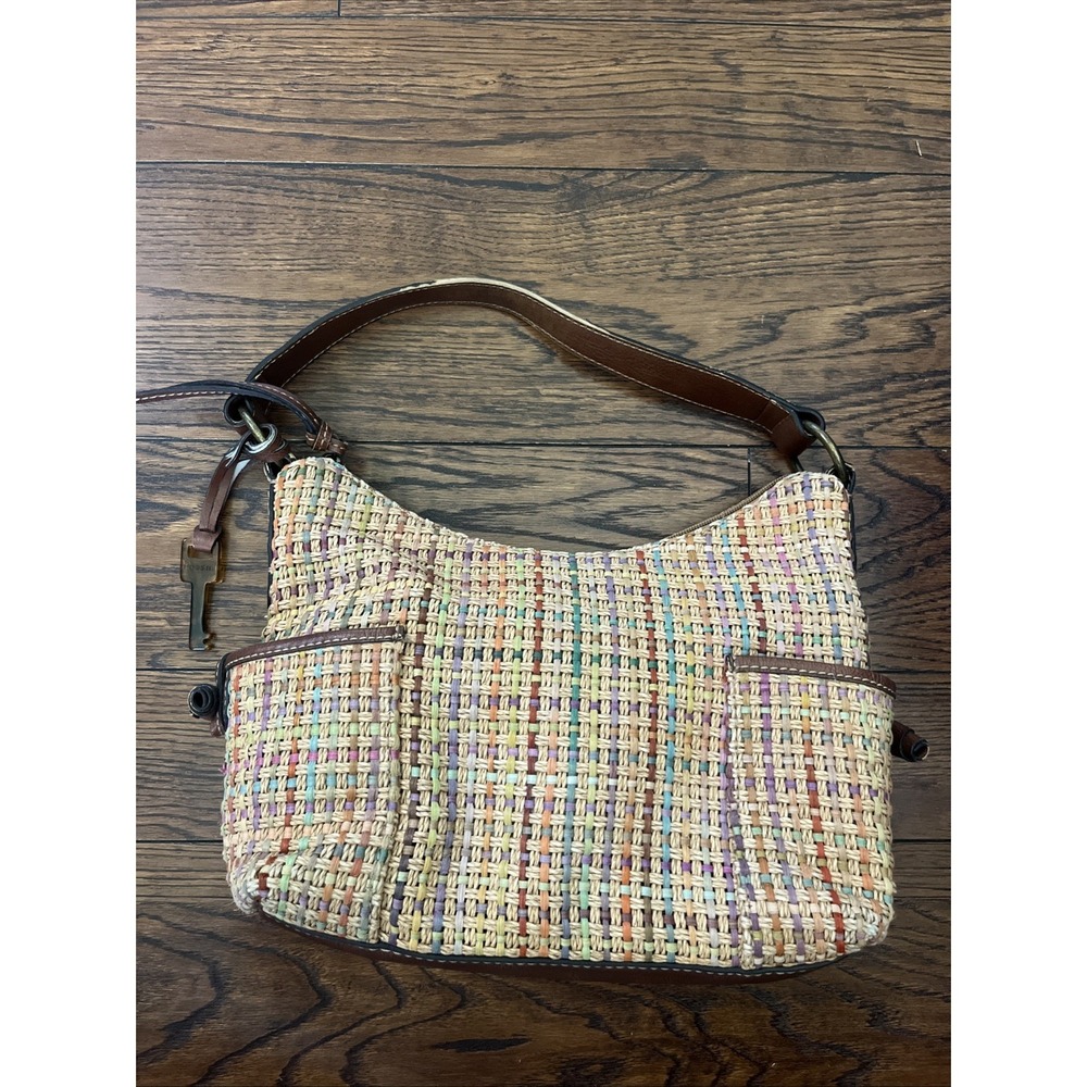 Fossil Straw Woven Hobo Bag Multicolor Leather Trim Summer Boho Purse